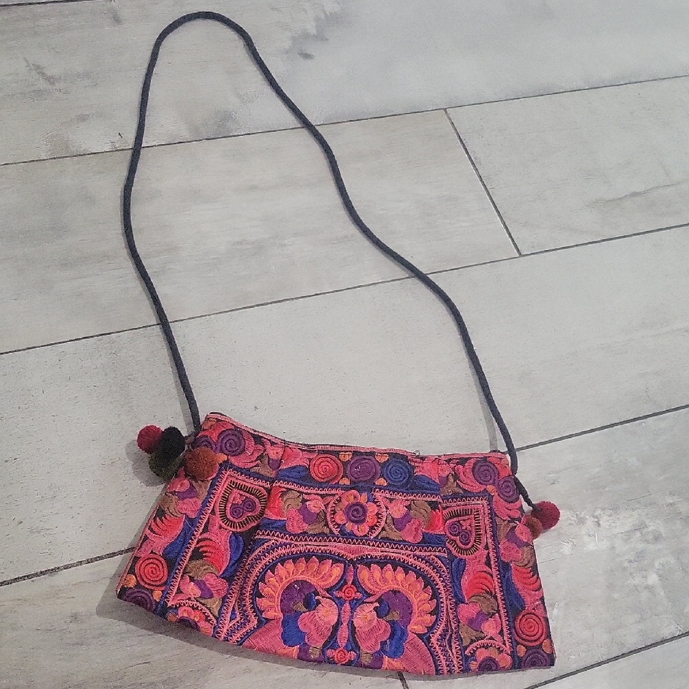 Pink and Purple Ethnic Crossbody Bag with Tassels